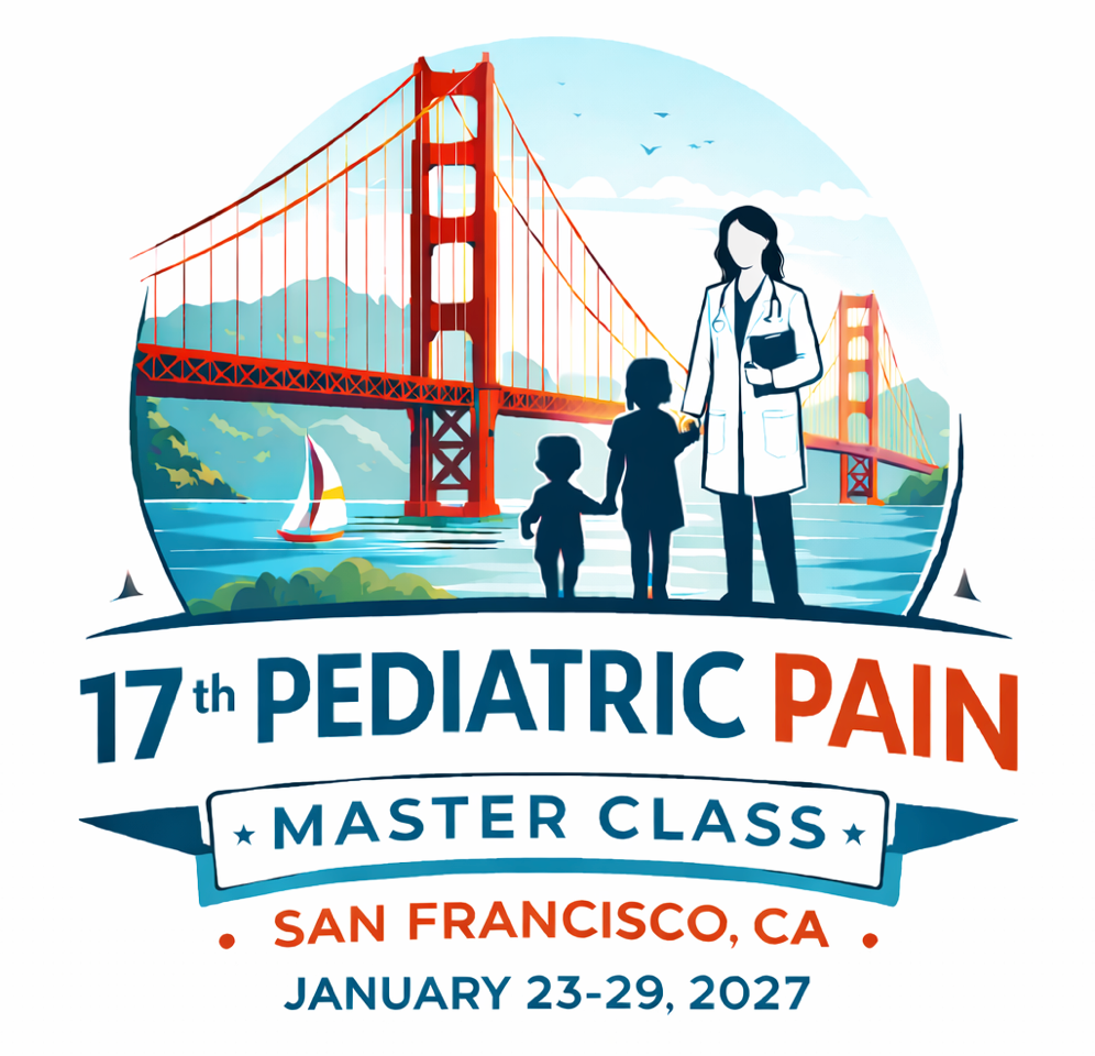 illustration of doctor and two children all holding hands. Golden Gate Bridge in the background. Text reads: 17th Pediatric Pain. Master Class. San Francisco, CA. January 23-29, 2027.